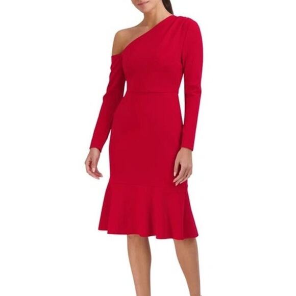Laundry by Shelli Segal Dress Asymmetrical Neck Long Sleeve Scuba Knit Rio Red 6 - Picture 1 of 7